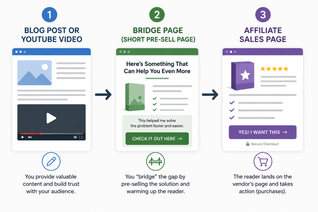 The Bridge Page Funnel (Miles Beckler model)

Structure: Blog post or YouTube video → bridge page (a short pre-sell page that "bridges" the reader to the vendor's offer) → affiliate sales page.