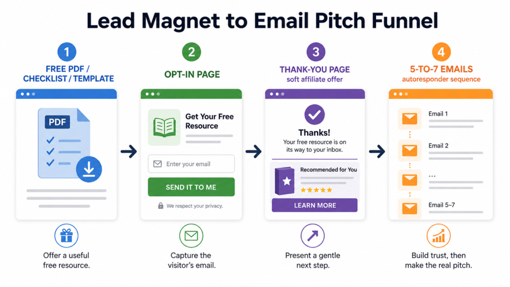 The Lead Magnet Funnel - Free PDF, checklist, or template → opt-in page → thank-you page with soft affiliate offer → 5-to-7-email autoresponder sequence with the real pitch.