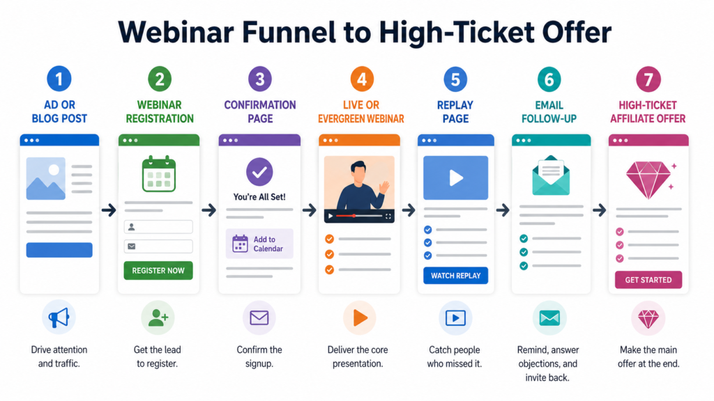The Webinar Funnel - Ad or blog post → webinar registration page → confirmation page → live or evergreen webinar → replay page → email follow-up sequence → high-ticket affiliate offer at the end.